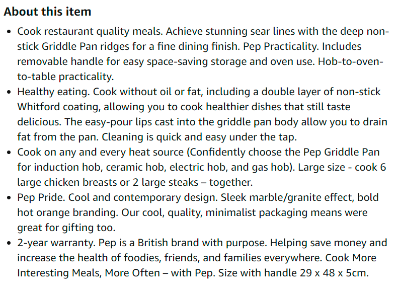 Amazon Griddle Pan listing bullet point description