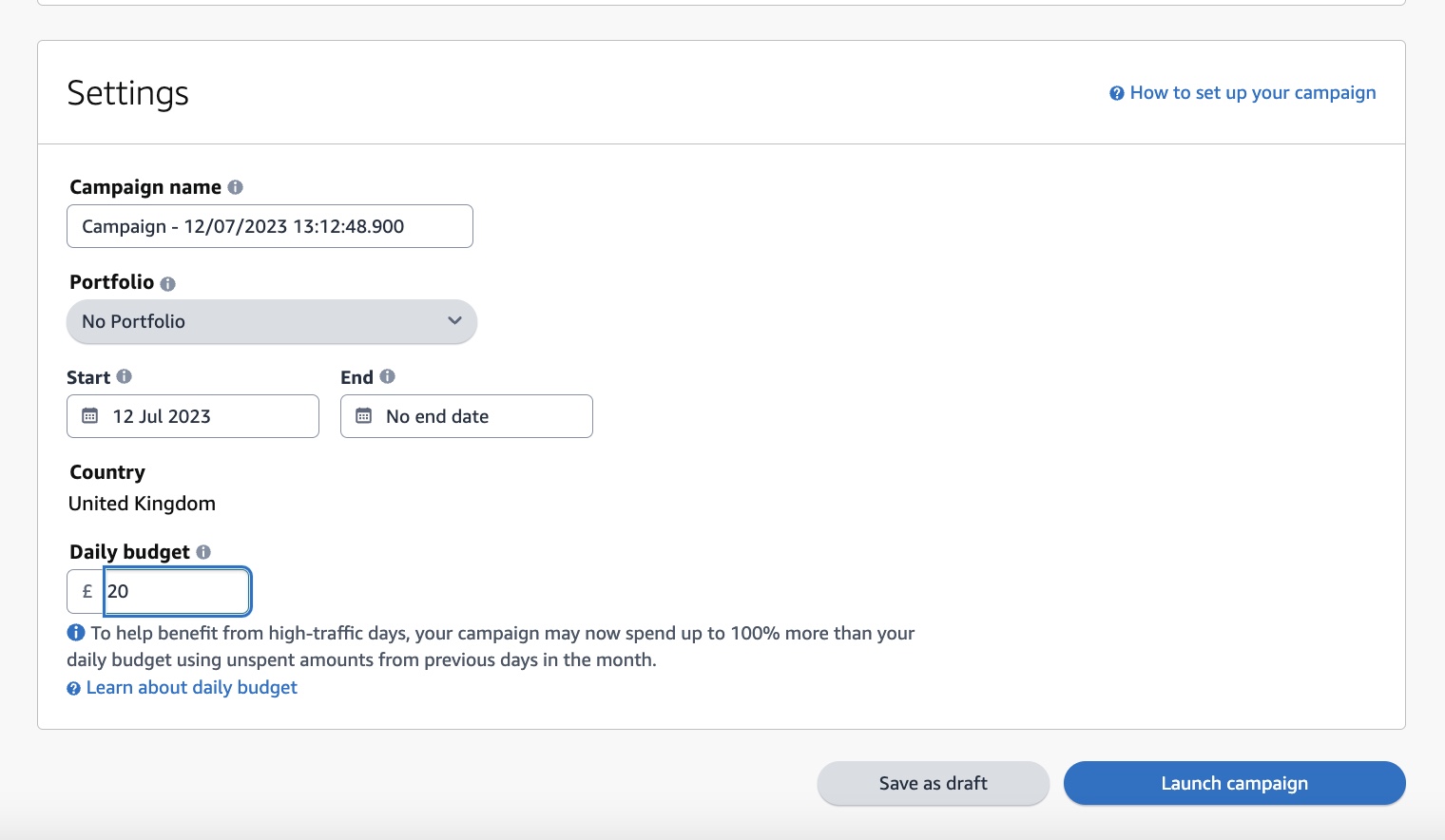 Here’s where you’ll name your campaign, set the duration, choose your daily budget, and decide between manual and automatic targeting. 