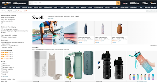 After searching “water bottle” on Amazon, you can see that a Sponsored Brand ad for S’well appears at the top of the page. This advertisement shows off their brand identity and a snippet of their offerings. 