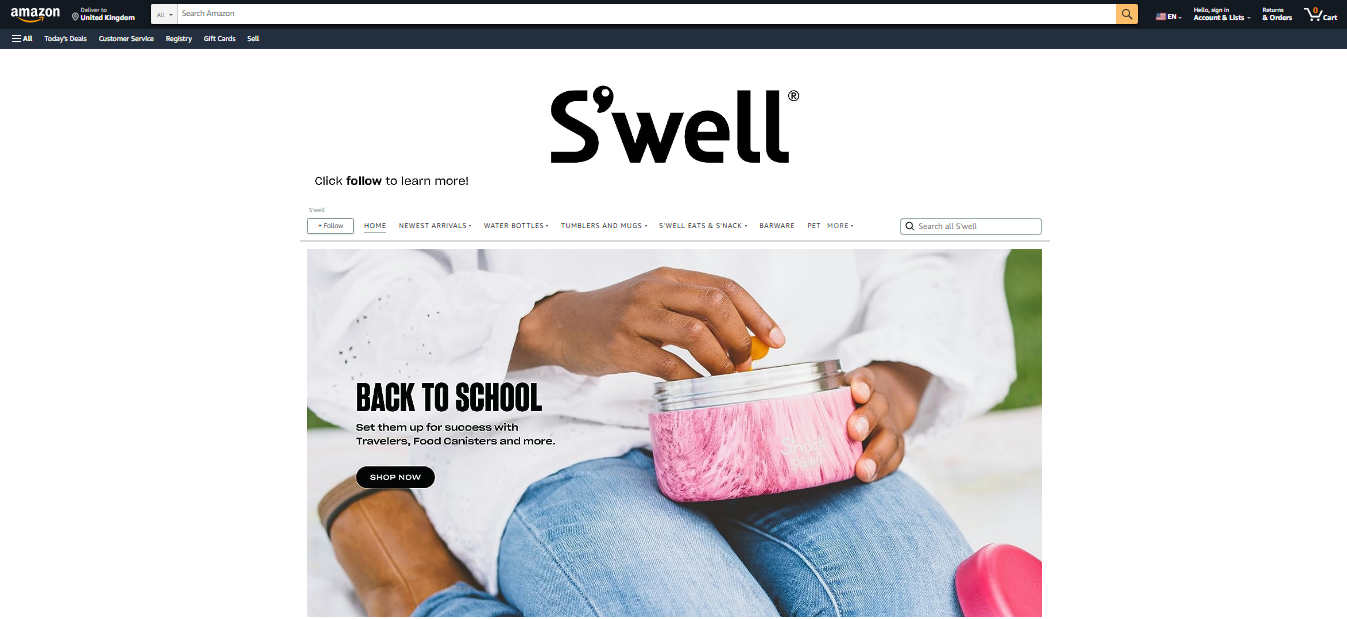 Here’s S’well’s Amazon Storefront page. High-quality lifestyle images, well-organized product categories, and strong branding all contribute to a positive brand image and, thus, higher sales.
