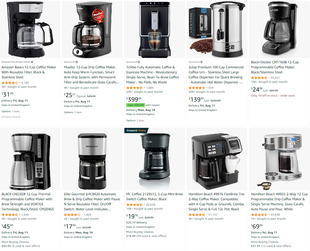 Searching “coffee maker” on Amazon yields a row of sponsored products, followed by organic search results. 