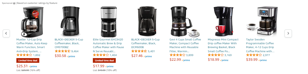 Description: Scrolling down on a coffee maker product listing, you can see additional Sponsored Products listed below. 