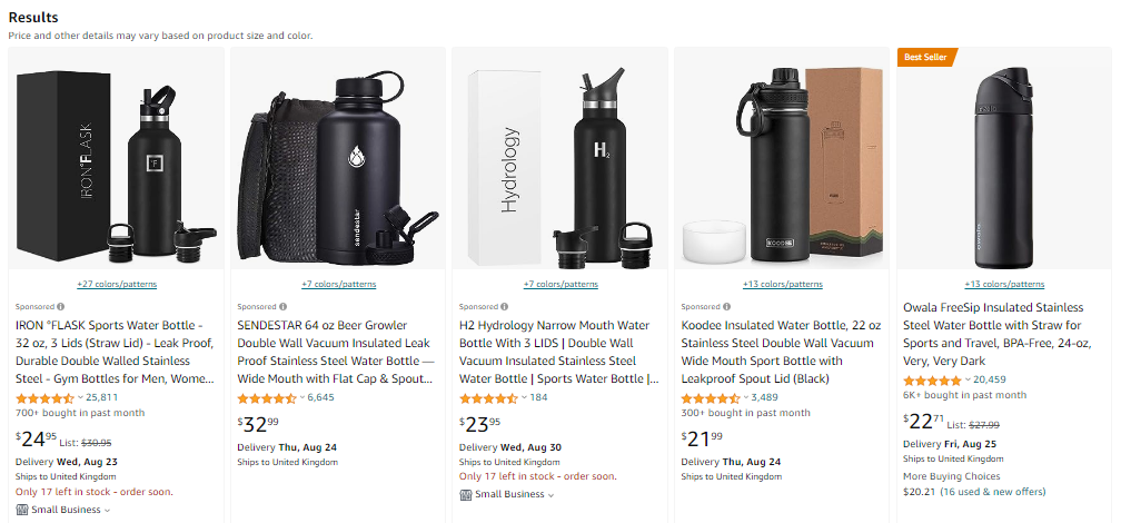 Here’s an example of what Sponsored Products look like in Amazon search results for the term “water bottle.” The product listings appear first in search results, above the organic results, and are all labelled “Sponsored.” 