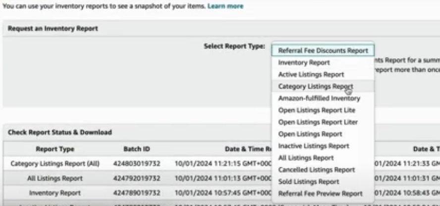 request amazon category listings report